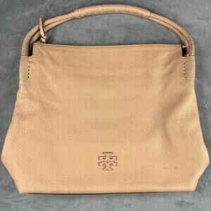 Tory Burch Taylor Hobo Shoulder Bag Beige Pebbled Leather Braided Handle
